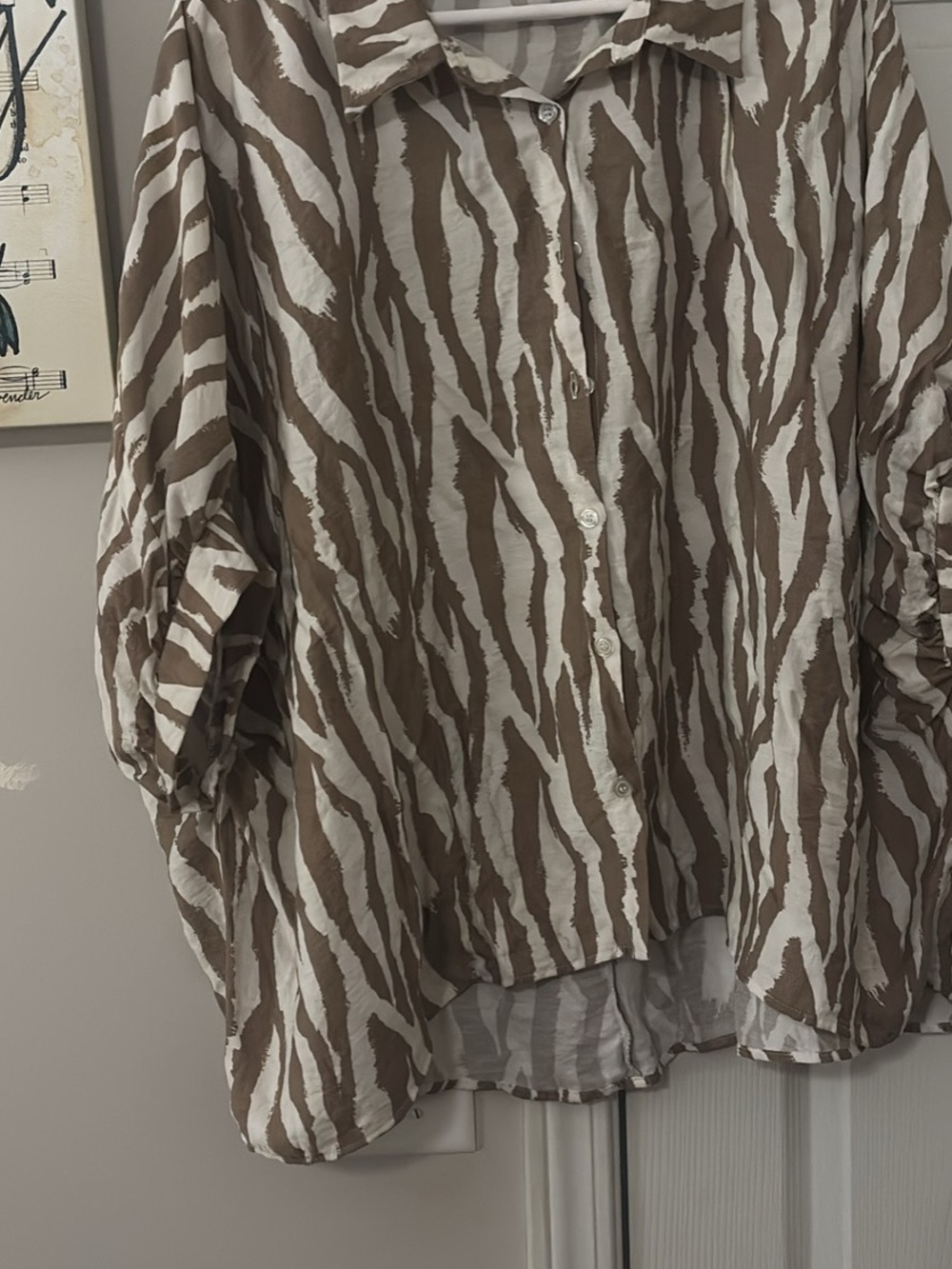 Woven Animal-Print Button-Down Blouse in Brown and White